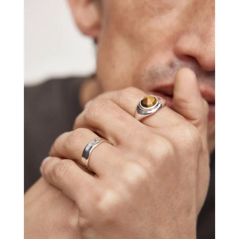 Sterling Silver Eclipse Gemstone Signet Ring - Tigers Eye