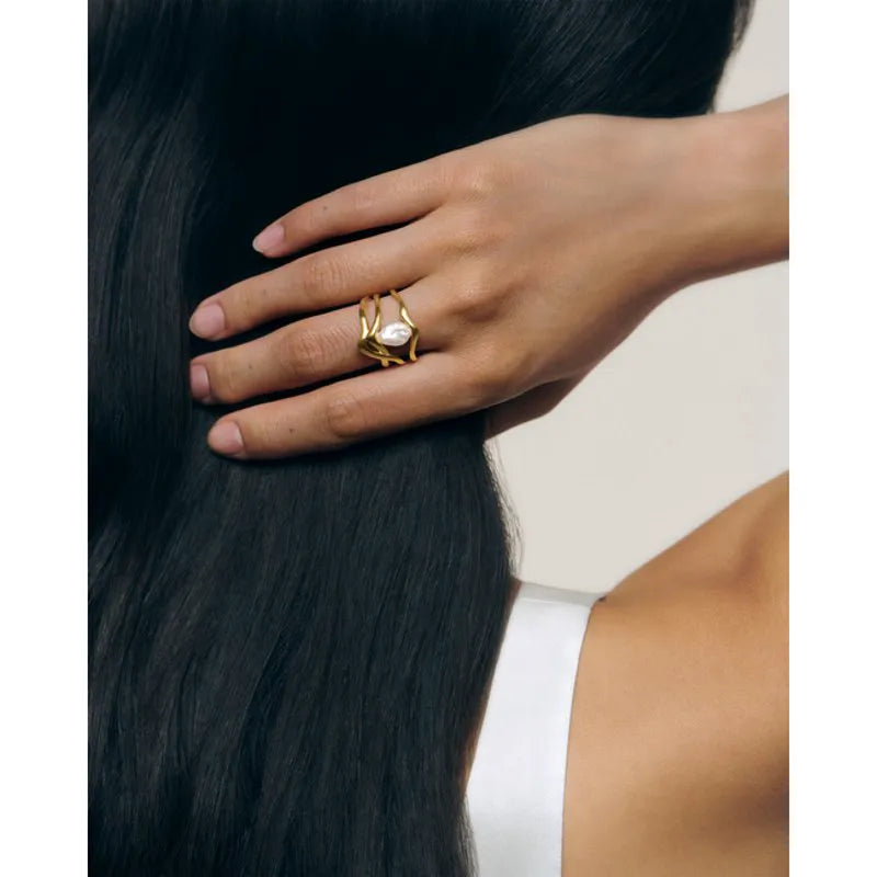 Gold Vermeil Amy Powney Keshi Pearl Triple Ring - Pearl