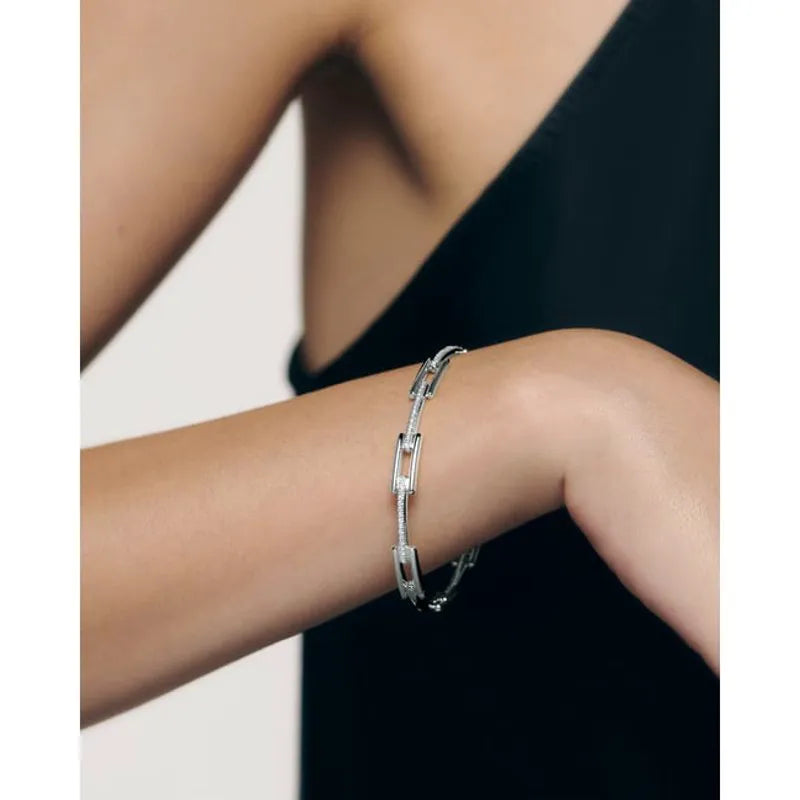 Sterling Silver Signature Link Diamond Slim Bangle - Lab Grown Diamond