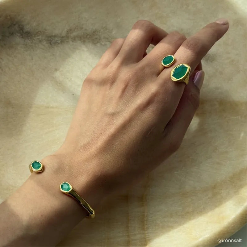 Gold Vermeil Odyssey Gemstone Open Cuff - Green Onyx