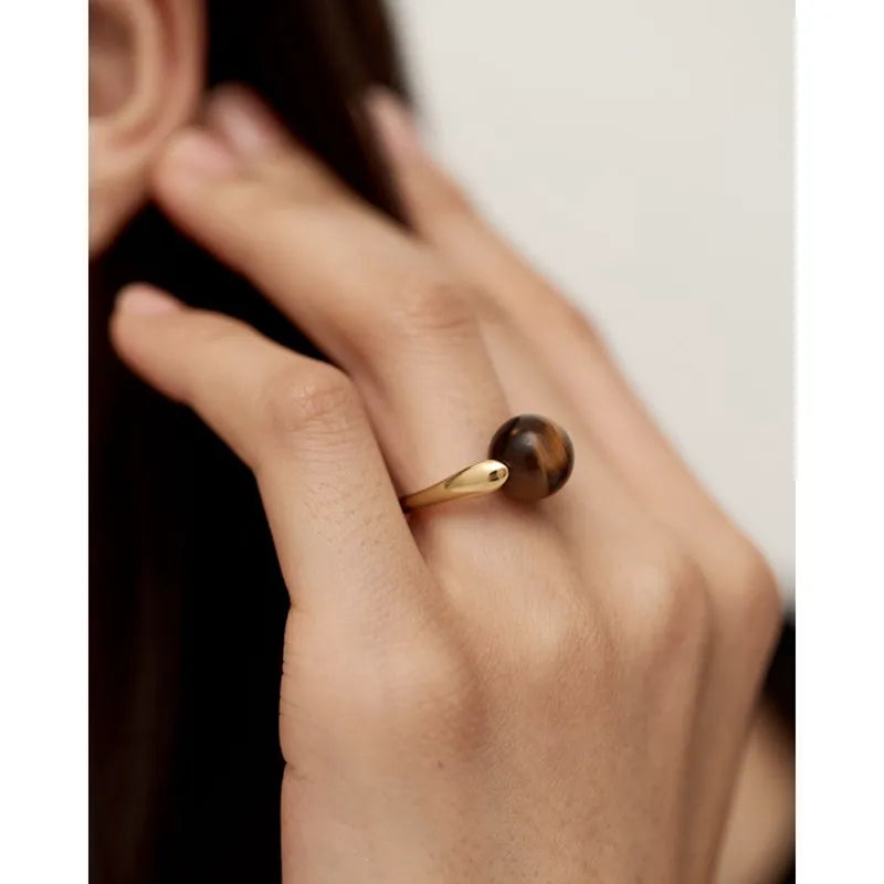 Gold Vermeil Kate Young Round Gemstone Ring - Tigers Eye