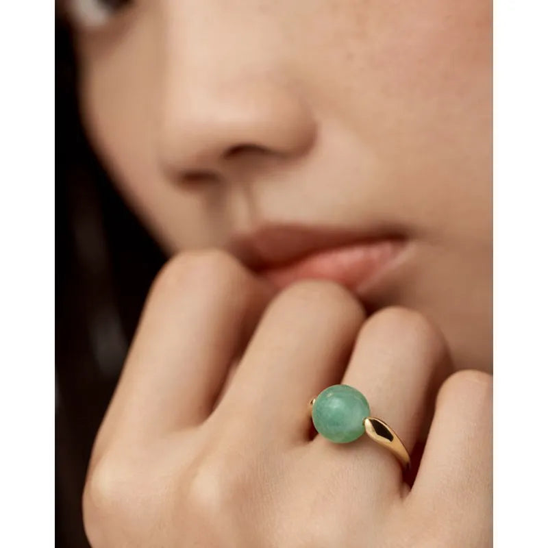 Gold Vermeil Kate Young Round Gemstone Ring - Green Aventurine