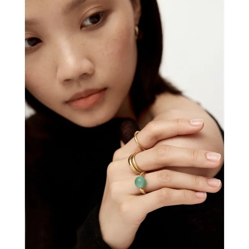 Gold Vermeil Kate Young Round Gemstone Ring - Green Aventurine