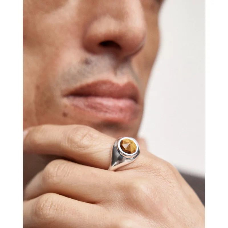 Sterling Silver Eclipse Gemstone Signet Ring - Tigers Eye