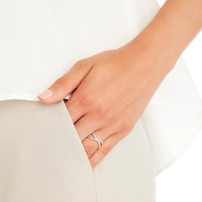 Sterling Silver Riva Wave Cross Ring - Diamond