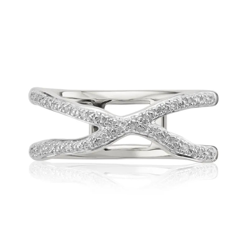 Sterling Silver Riva Wave Cross Ring - Diamond